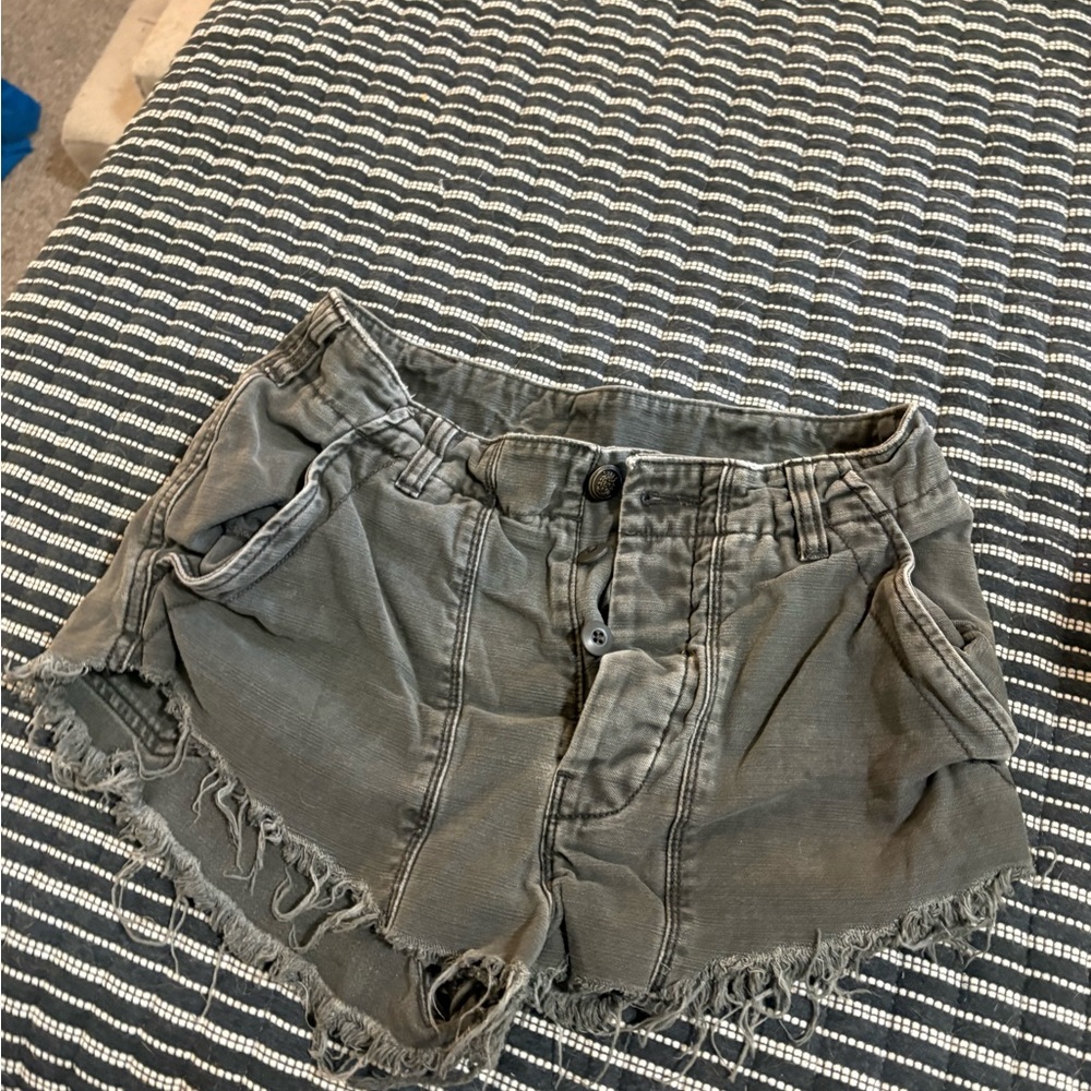 Free People Distressed Utility Denim Shorts - Gray